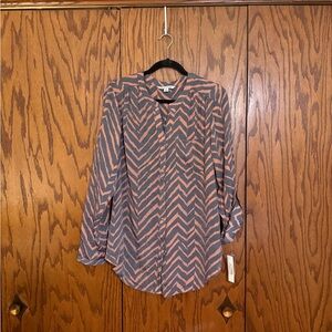 Zac & Rachel XL Brown Gray Chevron Button Front Blouse NWT